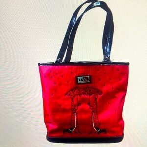 Lulu Guinness Purse Red Rainy Girl Tote Bag With Coin Purse 11x 13 In